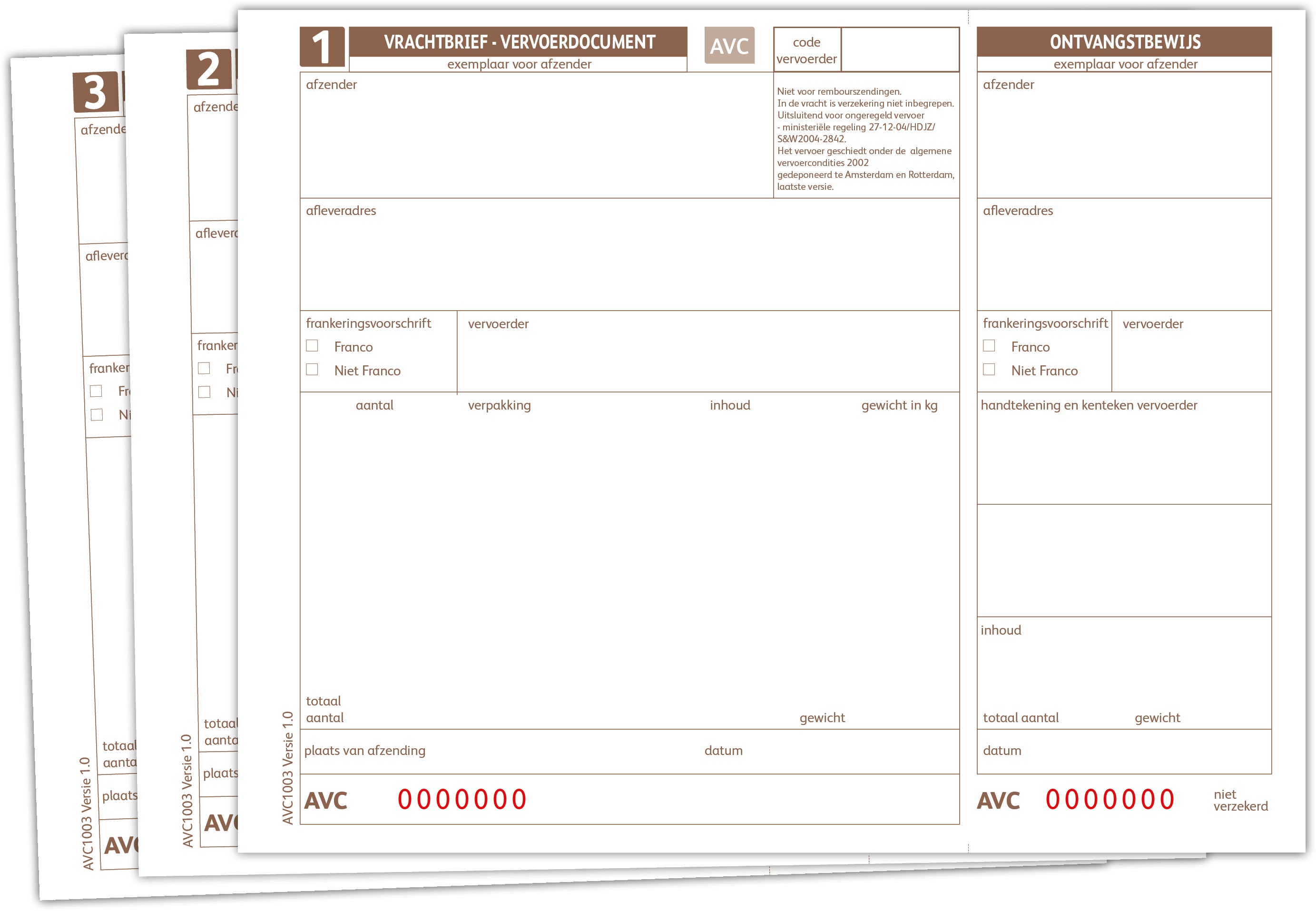AVC Vrachtbrief Handmatig 3-voud [1-2-3-] Model AA